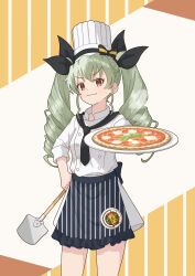  1girl absurdres anchovy_(girls_und_panzer) anzio_(emblem) black_necktie brown_eyes chef chef_hat drill_hair emblem feet_out_of_frame food girls_und_panzer grey_hair hair_ribbon hand_on_own_hip hat highres holding ladle long_hair looking_at_viewer necktie pantyhose pasta pizza plate qgkmn541 ribbon shirt skirt solo standing twin_drills twintails white_pantyhose white_shirt 