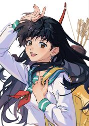  11rukawa187 1girl arrow_(projectile) backpack bag brown_eyes commentary_request floating_hair highres higurashi_kagome inuyasha long_hair looking_at_viewer open_mouth school_uniform simple_background smile solo twitter_username upper_body white_background 