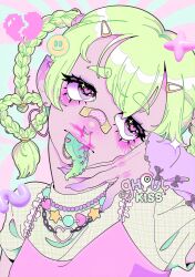  1girl artist_logo artist_name bandaid bandaid_on_face bandaid_on_nose bead_necklace beads blood blush bow braid broken_heart color_contrast colored_extremities colored_sclera colored_skin colored_tongue commentary earrings english_commentary fingernails frilled_straps ghoulkiss green_background green_hair green_shirt green_tongue grey_bow hair_ornament hairclip hand_up head_tilt heart heart-shaped_hair heart-shaped_pupils heart_earrings highres jewelry logo long_hair long_tongue multiple_necklaces multiple_piercings necklace nosebleed original piercing pink_background pink_blood pink_eyes pink_skin pink_tank_top pixel_heart pixelated plaid_clothes plaid_shirt pointy_ears purple_arm_warmers purple_sclera sharp_fingernails shirt short_sleeves smiley_face solo sparkling_eyes squiggle symbol-shaped_pupils tank_top tongue tongue_out tongue_piercing violet_eyes 