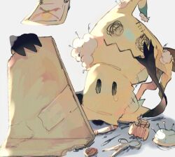  animal_focus backlighting black_eyes blank_eyes buttons commentary grey_background holding holding_mirror jari_(jje11y12) looking_at_mirror marker mimikyu mirror needle no_humans pincushion pokemon pokemon_(creature) sad scissors solid_oval_eyes solo spool stitches stuffing tape tears wanted_poster 