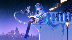  1girl 1other aqua_eyes aqua_hair black_thighhighs blue_coat book closed_mouth coat fur-trimmed_coat fur_trim hat hatsune_miku highres holding holding_book lamppost long_hair long_sleeves looking_at_viewer mini_hat mini_top_hat musical_note musical_staff night night_sky outdoors panda panpanmeiyou_hp sitting sky thigh-highs top_hat twintails very_long_hair vocaloid white_hat 