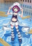  choker facial_mark green_eyes hands_on_hat hat hat_tug jacket k+ loose_socks merry_nightmare midriff navel open_mouth purple_hair ripples skirt smile socks solo striped striped_legwear striped_thighhighs tank_top thigh-highs thighhighs water wood yumekui_merry 