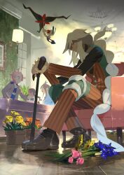  1girl 3boys armchair artist_name az_(pokemon) blue_flower blurry brown_pants brown_vest cane ceiling_light chair closed_mouth commentary_request dated e_volution floette floette_(eternal) flower flower_pot from_below highres holding holding_cane indoors lida_(pokemon) long_hair long_sleeves multiple_boys naveen_(pokemon) orange_flower pants pink_flower pokemon pokemon_legends:_z-a shirt shoes sitting urbain_(pokemon) vest watermark yellow_flower 