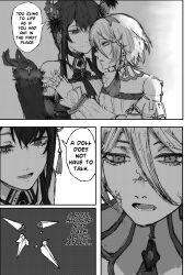  2girls absurdres ascot cecilia_immergreen cecilia_immergreen_(1st_costume) chainsaw_man cracked_skin detached_collar doll_joints dress_shirt english_text gloves greyscale hair_between_eyes highres hololive hololive_english horns joints kizuru09 long_hair monochrome multiple_girls nerissa_ravencroft nerissa_ravencroft_(1st_costume) romper scene_reference shirt short_hair speech_bubble virtual_youtuber 