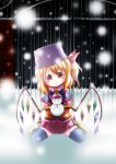  absurdres blonde_hair blush flandre_scarlet highres sd-sos short_hair side_ponytail sitting snow snowman solo thigh-highs thighhighs touhou 