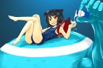  arcana_heart backpack bag barefoot blue_hair cat_ears cup daidouji_kira feet glass m.m milk one-piece_swimsuit pixiv_thumbnail pouring randoseru school_swimsuit swimsuit wine_glass 