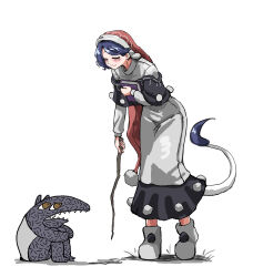  1girl :3 absurdres animal blue_hair blush book closed_eyes doremy_sweet dress hat highres holding holding_book ise_corridor leaning_forward legacy_of_lunatic_kingdom long_dress nightcap pom_pom_(clothes) short_hair tail tapir touhou white_background 