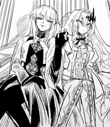  2girls baobhan_sith_(fate) baobhan_sith_(first_ascension)_(fate) black_dress black_gloves blush closed_eyes dress fate/grand_order fate_(series) gloves hair_between_eyes highres holding_hands long_hair monochrome morgan_le_fay_(fate) morgan_le_fay_(queen_of_winter)_(fate) mother_and_daughter multiple_girls pointy_ears ponytail sitting smile tetro_mino361 