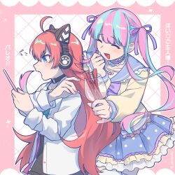  2girls :d ^_^ ahoge animal_ear_headphones animal_ears bang_dream! black_shorts blue_eyes blue_hair blue_sailor_collar blue_skirt blunt_bangs border bow cat_ear_headphones cat_ears choker closed_eyes commentary commentary_request cowboy_shot cup drinking_glass facing_ahead facing_another fake_animal_ears fingernails frilled_choker frilled_sailor_collar frilled_shirt frilled_skirt frills green_shirt grid_background hair_ribbon hand_up hands_up headphones highres holding holding_cup jacket long_hair long_sleeves looking_at_object multicolored_hair multiple_girls nyubara_reona o-ring o-ring_choker open_clothes open_jacket open_mouth outside_border paw_print pink_background pink_border pink_choker pink_hair pleated_skirt polka_dot polka_dot_skirt profile puff_of_air purple_bow purple_ribbon red_hair ribbon sailor_collar shirt shorts skirt smile star_(symbol) star_print striped_clothes striped_shirt tamade_chiyu thigh-highs translation_request twintails two-tone_hair umaa42 vertical-striped_clothes vertical-striped_shirt very_long_hair white_background white_jacket white_thighhighs wine_glass wing_print yellow_shirt 