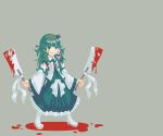  blood dual_wielding frog gohei green_hair grin kochiya_sanae long_hair sharp_teeth simple_background smile snake solo touhou zounose 