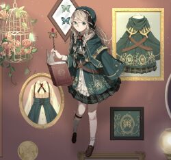  1girl ankle_socks aqua_eyes asymmetrical_legwear belt beret birdcage black_belt black_ribbon blonde_hair book braid brooch brown-framed_eyewear brown_belt brown_shoes bug butterfly cage close-up coat coin collared_dress commentary_request dress dress_under_skirt expressionless eyelashes floating floating_book floating_object frilled_dress frilled_socks frills full_body gold_coin green_coat green_hat green_skirt hat hat_ribbon holding holding_wand hood hood_down hooded_coat jewelry lantern layered_sleeves leg_belt light_particles loafers long_hair long_sleeves mallow_(di_fushang) medium_dress medium_skirt monocle neck_ribbon nikki_(series) open_book original painting_(object) plaid_clothes plaid_dress pleated_skirt red_background ribbon round_eyewear shining_nikki shoes short_over_long_sleeves short_sleeves skirt socks solo standing tareme twin_braids wand white_dress white_socks wide_sleeves 