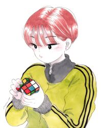  1girl black_eyes blue_nails blush choppy_bangs earrings emamemamo33 fingernails highres holding jacket jewelry looking_at_object nail_polish original painting_(medium) pixie_cut pursed_lips red_hair rubik's_cube short_hair signature simple_background solo striped_sleeves stud_earrings track_jacket traditional_media watercolor_(medium) white_background yellow_jacket 