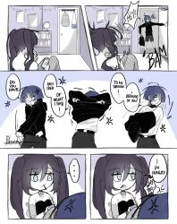  1boy 1girl alternate_costume alternate_universe anger_vein annoyed arm_at_side backpack bag bare_shoulders bead_bracelet beads belt blunt_bangs blunt_ends bookshelf bracelet buckle casual choker clothes_hanger clothes_lift contemporary crossed_arms detached_sleeves door eyelashes fishnet_pantyhose fishnets frown genshin_impact globe hair_between_eyes handbag highres holding holding_bag hood hoodie hook indoors jewelry layered_shirt long_hair long_sleeves looking_at_another looking_to_the_side messy_hair mona_(genshin_impact) monochrome necklace open_hand opening_door oriana0w0 outstretched_arm pantyhose parted_bangs picture_frame scaramouche_(genshin_impact) see-through_clothes see-through_sleeves shirt shirt_lift shoes shorts sidelocks sitting socks strapless strapless_shirt twintails twitching undershirt undressing wide-eyed wispy_bangs 