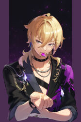  1boy 8083_blue black_jacket blonde_hair bracelet chain choker commentary_request cropped_torso earrings ensemble_stars! eyelashes grey_eyes hair_between_eyes hakaze_kaoru headset highres jacket jewelry male_focus mouth_hold necklace o-ring plectrum plectrum_in_mouth ring solo studded_bracelet studded_choker twitter_username 