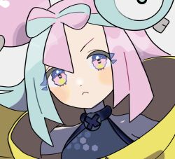  1girl blush bow-shaped_hair character_hair_ornament closed_mouth eneko_(olavcnkrpucl16a) grey_shirt hair_ornament highres iono_(pokemon) jacket pink_eyes pink_hair pokemon pokemon_sv shirt simple_background sleeveless sleeveless_shirt solo upper_body wavy_eyes white_background yellow_jacket 