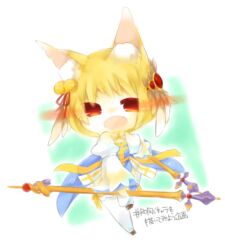  1girl animal_ear_fluff animal_ears arch_bishop_(ragnarok_online) bell blonde_hair blue_dress blush chibi chibi_only commentary_request cross cross_print dress dual_wielding fox_ears fox_girl full_body hair_bell hair_ornament hair_ribbon holding holding_staff jingle_bell juliet_sleeves long_sleeves looking_at_viewer open_mouth puffy_sleeves ragnarok_online red_eyes red_ribbon ribbon short_hair smile solo staff thigh-highs translation_request two-tone_dress white_background white_dress white_thighhighs yasiro 