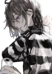  !_(rsa_yuhr) 1boy ahoge alternate_hairstyle androgynous brown_hair bruise bruised_eye cup empty_eyes fang grey_eyes hair_down highres holding holding_cup identity_v injury looking_down luca_balsa male_focus parted_lips profile shirt solo striped_clothes striped_shirt upper_body 