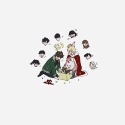  4boys 6+girls :d animal animal_on_lap annotated biyoo_(omniscient_reader&#039;s_viewpoint) blonde_hair box brown_hair cape confetti crown disembodied_head everyone fur_collar green_hoodie han_sooyoung happy_birthday hat highres hood hood_down hoodie jung_heewon kim_dokja lee_gilyoung lee_hyunsung lee_jihye lee_seolhwa lp_(sangkuranak) multiple_boys multiple_girls omniscient_reader&#039;s_viewpoint on_ground on_lap party_hat red_cape ribbon seiza shin_yoosung short_hair sitting smile sparkling_eyes squid stuffed_animal stuffed_toy teddy_bear yoo_joonghyuk yoo_sangah 