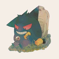  berry_(pokemon) black_eyes colored_sclera commentary eating full_body gengar glint grass grin highres jari_(jje11y12) looking_down mega_stone no_humans on_ground oran_berry poke_ball_symbol pokemon pokemon_(creature) red_sclera sad sitrus_berry sitting smile solo tears teeth tombstone 