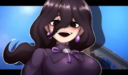  1girl black_eyes black_hair breasts dress earrings hex_maniac_(pokemon) hex_maniac_(pokemon_legends:_z-a) highres jewelry jodlesd looking_at_viewer medium_breasts open_mouth pokemon pokemon_legends:_z-a purple_dress smile solo teeth upper_body upper_teeth_only 