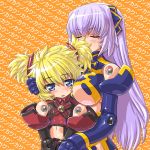  altines altrene between_breasts blonde_hair blue_eyes breasts busou_shinki dd_(artist) doll_joints flat_chest hug large_breasts long_hair mecha_musume purple_hair short_twintails twintails yuri 