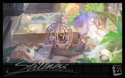  1girl 4others ahoge animal asymmetrical_gloves bird birdcage black_bird black_border black_gloves black_unitard border cage chair chibi coin coin_on_string commentary commentary_request elbow_gloves english_commentary english_text fence from_side gloves hair_ornament hairpin hand_on_own_chin high-waist_shorts highres jacket kanmai_x_sou lantern leaf long_hair looking_at_another multiple_others paper_lantern partial_commentary plant ring_hair_ornament scroll shorts single_elbow_glove single_hair_intake sitting table tree uneven_gloves white_bird white_hair wooden_fence yellow_eyes yellow_jacket yixuan_(zenless_zone_zero) zenless_zone_zero 