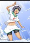  bad_id bike_shorts black_hair blue_eyes green_eyes happy hat highres midriff murasa_minamitsu navel open_mouth sailor sailor_collar sailor_hat sailor_suit short_hair skirt smile solo suetsuki suetsuki_nagomu tan tanline touhou 