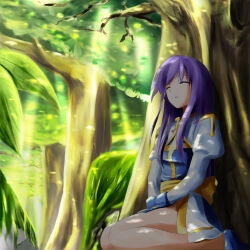  1girl 2000s_(style) arch_bishop_(ragnarok_online) blue_dress blurry blurry_background closed_eyes commentary_request cross dappled_sunlight dress forest full_body juliet_sleeves long_hair long_sleeves looking_at_viewer lycee62 nature no_legwear outdoors puffy_sleeves purple_hair ragnarok_online sash seiza sidelocks sitting sleeping sleeping_upright solo sunlight tree two-tone_dress white_dress yellow_sash 