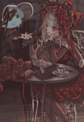  1girl ahoge black_bonnet bonnet bow cake chair crack cracked_glass cup detached_sleeves dress drinking_glass food frills gothic_lolita grey_hair hair_bow hand_on_own_cheek hand_on_own_face highres holding holding_spoon lolita_fashion long_hair nijisanji nijisanji_en on_chair parted_lips poppi_(reimu_endou) red_eyes red_lips red_nails reimu_endou sitting spoon strapless strapless_dress strawberry_cake table teacup teaspoon user_sukg2582 veil virtual_youtuber wine_glass 