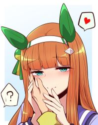  1girl animal_ears blue_eyes blunt_bangs blush bow ear_bow ear_covers ear_flower hair_ornament hairband highres hime_cut horse_ears horse_girl long_hair long_sleeves looking_at_viewer orange_hair school_uniform silence_suzuka_(umamusume) smile team_spica's_trainer tracen_school_uniform tracen_training_uniform trainer_(umamusume) umamusume white_hairband yonedatomo_mizu 