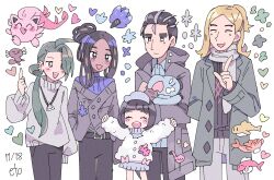  2boys 3girls :d alternate_costume black_eyes black_hair black_pants black_sweater blonde_hair blue_shirt blush_stickers cardigan chibi chibi_inset closed_eyes coat collared_shirt dress fang fur_coat geeta_(pokemon) glimmora green_coat green_hair grey_cardigan grey_coat grey_dress grey_sweater half_updo hassel_(pokemon) highres komala larry_(pokemon) long_hair looking_at_viewer multiple_boys multiple_girls paldean_wooper pants pointing pokemon pokemon_(creature) pokemon_sv ponytail poppy_(pokemon) red_eyes remoooon rika_(pokemon) scarf scream_tail shirt simple_background smile standing sweater sweater_dress tatsugiri upper_body white_background white_coat white_scarf 