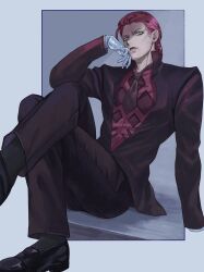  1boy argyle_clothes argyle_shirt black_shoes black_socks braid brown_necktie brown_pants collared_shirt crossed_legs diavolo formal_clothes gloves green_eyes highres jacket jojo_no_kimyou_na_bouken long_hair long_sleeves looking_at_viewer male_focus necktie official_alternate_costume pants pink_hair red_jacket red_shirt red_suit rr9pt76u5phwgqx shirt shoes sitting socks solo suit vento_aureo white_gloves 