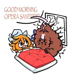  2girls ahoge animal_ears black_eyes blue_hat chibi ear_covers english_text futon hair_between_eyes hairband happy hat horse_ears horse_girl huge_ahoge long_hair_between_eyes looking_at_another medium_hair meisho_doto_(umamusume) messy_hair multiple_girls nightcap open_mouth orange_hair papyrus_(font) pikminpreggedup pink_hairband pom_pom_(clothes) scared simple_background speech_bubble t.m._opera_o_(umamusume) trembling umamusume under_covers violet_eyes white_background window 