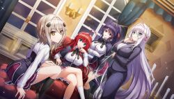  aqua_eyes black_hair blue_eyes breasts cat_hair_ornament dolphin_wave game_cg grey_hair hair_ornament hair_ribbon high_school_dxd highres himejima_akeno indoors kuoh_academy_school_uniform large_breasts long_hair looking_at_viewer night non-web_source official_art ootomo_takuji ponytail red_hair rias_gremory ribbon rossweisse school_uniform sitting small_breasts smile standing toujou_koneko very_long_hair violet_eyes white_hair yellow_eyes 