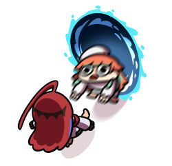  2girls ahoge aqua_hair beret blue_hair detached_sleeves elizabeth_rose_bloodflame hat highres hololive hololive_english keenbiscuit multicolored_hair multiple_girls open_mouth orange_hair portal_(object) red_hair streaked_hair takanashi_kiara virtual_youtuber 