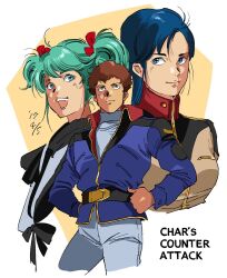  1boy 2girls amuro_ray aqua_eyes aqua_hair blue_eyes blue_hair brown_hair chan_agi char's_counterattack closed_mouth commentary_request copyright_name cropped_legs gundam lips long_hair military_uniform multiple_girls open_mouth quess_paraya short_hair smile twintails white_background zigharii 