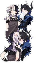  ! 2girls ^^^ absurdres alternate_costume annoyed asymmetrical_horns black_dress black_hair black_horns blush_stickers closed_eyes closed_mouth cropped_torso demon_horns dress grey_hair hair_ornament handkerchief heart highres holding holding_handkerchief hololive hololive_english horns kiss mole mole_under_eye multicolored_hair multiple_girls nerissa_ravencroft red_eyes shiori_novella simple_background split-color_hair two-tone_hair uneven_horns virtual_youtuber white_background yellow_eyes yomosaka yuri 