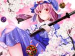  aw cherry_blossoms fan folding_fan hat katana pink_hair red_eyes saigyouji_yuyuko short_hair solo sword touhou weapon 