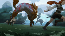  1girl 2boys aqua_heartia casting_spell giant giant_monster grass highres holding holding_polearm holding_weapon looking_at_mirror mage_staff mirror mountain multiple_boys mushoku_tensei outdoors polearm red_hair reflection running sky spear staff weapon 