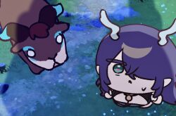  1girl antler_ornament antlers aqua_dress armlet blue_dress deer deer_antlers deer_girl dress genshin_impact gold_jewelry hair_over_one_eye highleg highleg_dress highres horns jewelry lauma_(genshin_impact) leaf_dress mikurumikurumi pointy_ears purple_hair reindeer_antlers reindeer_girl screw_hair_ornament 