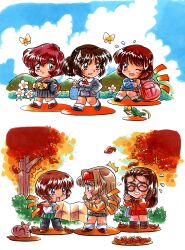  6+girls ^^^ absurdres animal arguing autumn autumn_leaves backpack bag black_pantyhose black_serafuku black_shirt black_shoes black_skirt black_socks blue_bag blue_jacket blue_skirt bow brown_eyes brown_hair brown_jacket brown_shoes bug butterfly chibi chibi_only closed_mouth clouds comedic_sweatdrop commentary_request day duffel_bag endou_akira falling_leaves fang flower flying_sweatdrops frog green_skirt hairband hand_on_own_cheek hand_on_own_face hand_on_own_hip highres holding holding_map hosaka_miyuki hoshino_asuka jacket kokomahi leaf loafers long_hair looking_at_another looking_back loose_socks map medium_hair miniskirt morii_kaho multiple_girls nanase_yuu notice_lines official_art one_eye_closed open_mouth orange_bag orange_hairband orange_jacket outdoors pantyhose pleated_skirt pointing red_bag red_hairband red_ribbon red_skirt ribbon sailor_collar school_uniform sentimental_graffiti serafuku shirt shoes short_hair skirt smile socks squirrel standing tree walking white_flower white_sailor_collar white_shirt white_socks yamamoto_rurika yellow_bow yellow_butterfly 