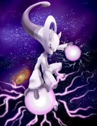  closed_mouth commentary_request energy_ball full_body galaxy highres hooh_lin mega_mewtwo_y mega_pokemon mewtwo pokemon pokemon_(creature) pokemon_focus solo space star_(sky) violet_eyes 