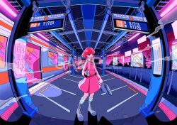  1girl belt blunt_bangs boots can cityscape commentary fisheye full_body grey_boots hair_between_eyes highres holding holding_can holding_suitcase jacket kneehighs long_sleeves nakazawa_ayami neon_lights neon_palette night night_sky original outdoors pink_jacket pink_skirt red_belt red_hair scarf short_hair sign skirt sky socks solo subway subway_station suitcase 