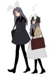  alternate_costume animal_ears black_legwear black_pantyhose bunny_ears casual contemporary hands_in_pockets inaba_tewi morisoban multiple_girls pantyhose reisen_udongein_inaba scarf simple_background touhou trembling walking 