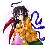  ahoge asymmetrical_wings black_hair blush breasts cleavage houjuu_nue ichimi leg_hug pajamas pillow pointy_ears red red_eyes sitting sitting_on_pillow sleeves_past_wrists solo touhou wings 