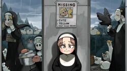  4girls aged_down baby_animal baby_bottle bird black_eyes blonde_hair blue_eyes bottle brown_eyes brown_hair bunny_nun_(diva) chef_hat chicken closed_eyes clumsy_nun_(diva) cooking_pot crow diva_(hyxpk) duck duckling english_commentary eyelashes goose grey_hair hair_ornament hat hedge highres hungry_nun_(diva) little_nuns_(diva) missing_poster mittens multiple_girls nun poster_(object) rabbit_hair_ornament rain red_mittens red_star searching star_(symbol) star_nun_(diva) star_ornament strict_nun_(diva) traditional_nun tree 