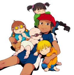  1girl 3boys age_difference aged_down baby bald black_hair blonde_hair braid clenched_hands closed_eyes codename:_kids_next_door commentary_request dark_skin diaper drooling duplicate earrings goggles hair_bobbles hair_ornament hat hood hoodie jewelry long_sleeves looking_at_viewer looking_back looking_up lying multiple_boys numbuh_1 numbuh_2 numbuh_3 numbuh_4 numbuh_5 on_back on_stomach open_mouth saliva shadow short_twintails simple_background sitting sleeping sleeves_past_wrists smile sunglasses t_k_g thumb_sucking twintails white_background 