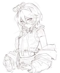  1girl alternate_costume bare_shoulders blush bottle breasts cecilia_immergreen commentary_request greyscale h3liveh3 hair_between_eyes highres holding holding_bottle hololive hololive_english jacket jacket_partially_removed korean_commentary looking_at_viewer monochrome short_hair simple_background sketch small_breasts solo upper_body virtual_youtuber white_background winding_key 