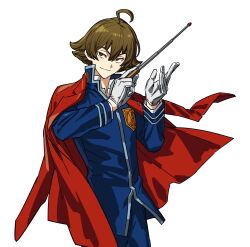  1boy ace_attorney ace_attorney_investigations ace_attorney_investigations_2:_prosecutor's_gambit ahoge blue_jacket blue_pants bonetrap brown_eyes brown_hair conductor_baton cowboy_shot eustace_winner gloves highres holding_baton jacket jacket_on_shoulders lapel_pin male_focus pants red_jacket school_uniform shirt short_hair simple_background solo themis_legal_academy_school_uniform white_background white_gloves white_shirt 