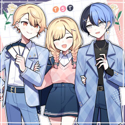  1girl 2boys aoyagi_touya black_hair blonde_hair blue_hair blush braid brother_and_sister brown_eyes closed_eyes colored_tips commentary_request earrings grey_eyes jewelry long_sleeves looking_at_another mole mole_under_eye multicolored_hair multiple_boys pink_hair pink_shirt project_sekai shirt short_hair siblings skirt smile split-color_hair tenma_saki tenma_tsukasa twin_braids two-tone_hair waka_(wk4444) 